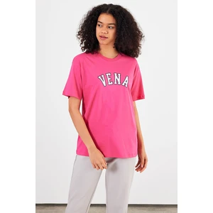 Kadın Vena Jeans Fuşya Baskılı Bisiklet Yaka Regular Fit Tişört