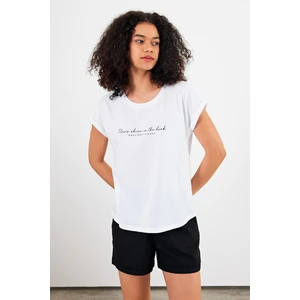 Kadın Shine Beyaz Bisiklet Yaka Baskılı Regular Fit Tişört