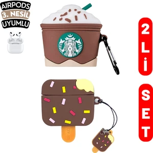 2'li Set - 3.nesil Uyumlu Kahverengi Starbucks ve Kahvrengi Dondurma Figürlü Kulaklık Kılıfı Seti