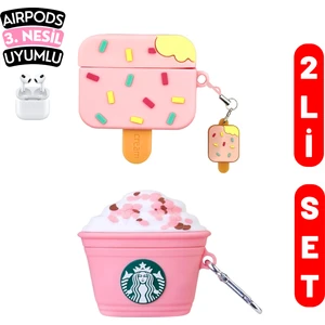 2'li Set - 3.nesil Uyumlu Pembe Dondurma ve Pembe Starbucks Figürlü Ikili Kulaklık Kılıfı Seti