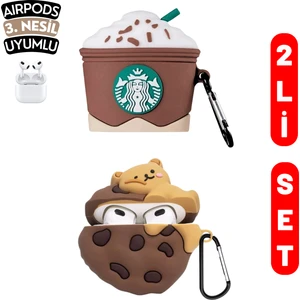 2'li Set - 3.nesil Uyumlu Kahverengi Starbucks ve Kurabiye ve Ayıcık Ikili Kulaklık Kılıfı Seti
