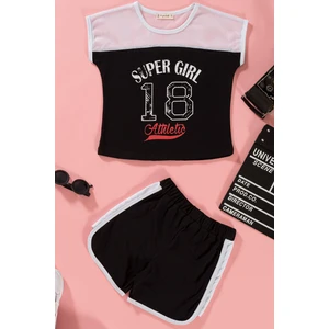 For You Kids File Detaylı Baskılı Siyah Tshirt Şort Takım