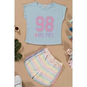 For You Kids Baskılı Yarasa Kol Garni Detaylı Mavi Alt Üst Takım