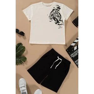 For You Kids Kaplan Baskılı Siyah Tshirt Şort Takım