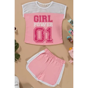 For You Kids File Detaylı Baskılı Pembe Tshirt Şort Takım