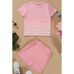 For You Kids Çizgili Garnili Cepli Pembe Tshirt Şort Takım