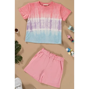 For You Kids Batik Yıkamalı Pembe Tshirt Şort Takım