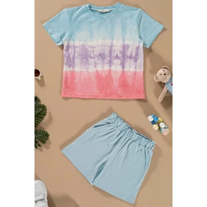 For You Kids Batik Yıkamalı Mavi Tshirt Şort Takım