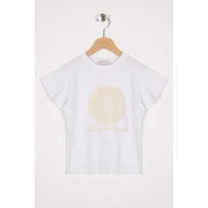 Kolları Fırfırlı Yazı Baskılı Beyaz Renk Kız Çocuk Tshirt