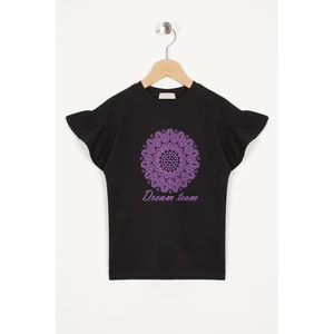 Kolları Fırfırlı Yazı Baskılı Siyah Renk Kız Çocuk Tshirt