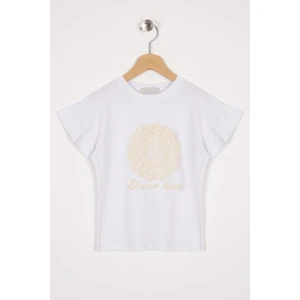 Kolları Fırfırlı Yazı Baskılı Beyaz Renk Kız Çocuk Tshirt