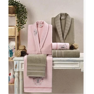 Taç Kristal Soft Cotton Nakışlı 6 Parça Aile Bornoz Takımı Bej-Pudra
