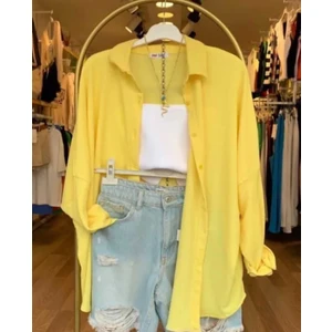 Moda Benna Kadın Düşük Omuz Oversize Keten Gömlek Yeni Sezon Yazlık