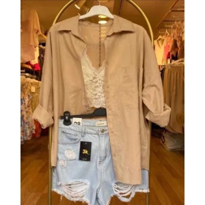 Moda Benna Kadın Düşük Omuz Oversize Keten Gömlek Yeni Sezon Yazlık
