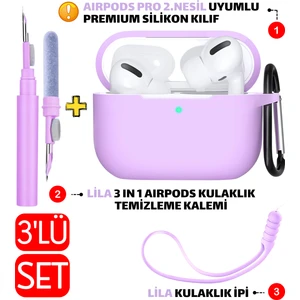 3'lü Set - Pro 2.nesil Uyumlu Silikon Kılıf, Kulaklık Temizleme Kalemi, Kulaklık Ipi Seti