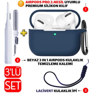 3'lü Set - Pro 2.nesil Uyumlu Silikon Kılıf, Kulaklık Temizleme Kalemi, Kulaklık Ipi Seti