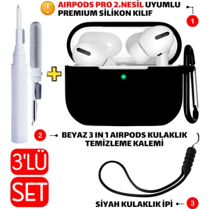 3'lü Set - Pro 2.nesil Uyumlu Silikon Kılıf, Kulaklık Temizleme Kalemi, Kulaklık Ipi Seti
