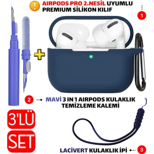3'lü Set - Pro 2.nesil Uyumlu Silikon Kılıf, Kulaklık Temizleme Kalemi, Kulaklık Ipi Seti
