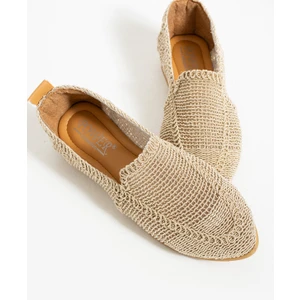 Kaof Shoes Kadın Bej Hasır Babet Ayakkabı Örme Babet Ayakkabı Kadın Günlük Ayakkabı Rahat Taban Babet Ayakkabı