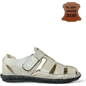 Erkek Hakiki Deri Cırtlı Sandalet Krem