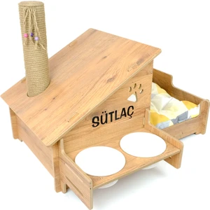 Ahşap Seramik Kaseli Tırmalama Çubuklu Açık Kapalı Kedi ve Köpek Evi 4 In 1