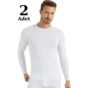 Beyaz Erkek Regular Fit Bisiklet Yaka Uzun Kollu Tişört 2'li Paket %100 Pamuk