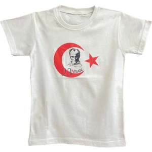 Pamuk Sıfır Yaka Kısa Kollu Renkli Atatürk ve Türk Bayrağı Baskılı 23 Nisan Çocuk Tişört