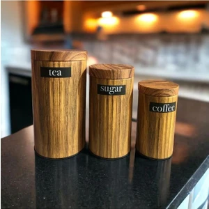 UCR Home 3'lü Set Metal Çay Kahve Şeker Saklama Kavanozu - Bambu Desenli