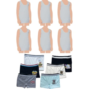 Belifanti Collection Erkek Çocuk Pamuklu 6'lı Gri Atlet 6'lı Karışık Renk Boxer 12 Parça Set
