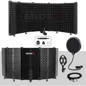 PF-43PS Mikrofon Ses Yalıtım Paneli 5 Bölümlü Ayaklı 69x26cm (Filtre Sünger Shock Mount Kablo Hediye)