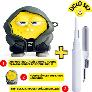 Pro 2. Nesil Uyumlu Sünger Bob Kılıf, Kablo Koruyucu ve Beyaz 3'ü 1 Arada Kulaklık Temizleme Kalemi