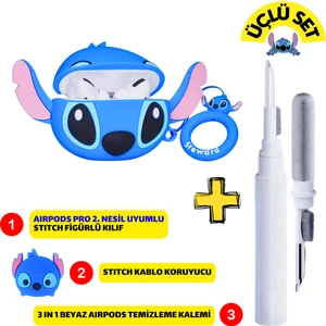 Pro 2. Nesil Uyumlu Stitch Figürlü Kılıf, Kablo Koruyucu ve Mavi 3 in 1 Kulaklık Temizleme Kalemi