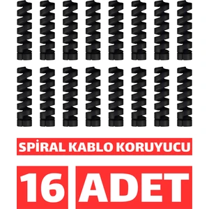 16 Adet - Siyah Spiral Kablo Koruyucu Seti, Kulaklık Kablosu ve Şarj Kablosu Koruyucu