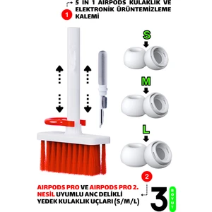 Pro ve Pro 2.nesil Uyumlu Anc Delikli Silikon Kulaklık Uçlar (S,m,l) ve 5 In 1 Temizleme Kalemi Seti