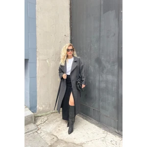 Sue Store Siyah Gri Balıksırtı Astarlı Kuşaklı Oversize Kaşe Kaban