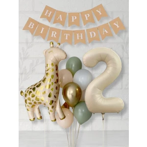 Parti Furyası Krem 2 Yaş Rakam Balon Soft Kahve Renkler Zürafa Set  Kraft Happy Birthday Banner Parti Seti