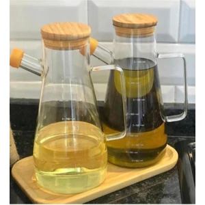 1 - 2 L Bambu Kapaklı ve Bambu Altlıklı Borosilikat Cam Yağlık Sirkelik - 3 Lü Set 900 ml Masterche