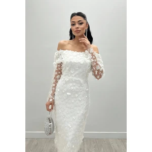 Üç Boyut Çiçekli Kumaş Kayık Yaka Kalem Elbise - Beyaz