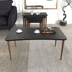 Zuesse Dizayn Aleyna Orta Sehpa ve Zigon Sehpa Ahşap Ayaklı Çay Kahve Sehpası Xl 5'li Salon Seti - Siyah Mermer