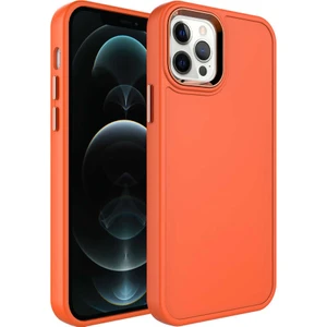 Ezotech  Apple iPhone 12 Pro - Uyumlu Metal Çerçeve ve Buton Tasarımlı Sert Botox Kapak-Turuncu