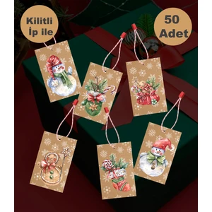 Yılbaşı Temalı Klipsli Ipli Sallanan Etiket (5x8 cm 50 Adet Etiket ve Ip)