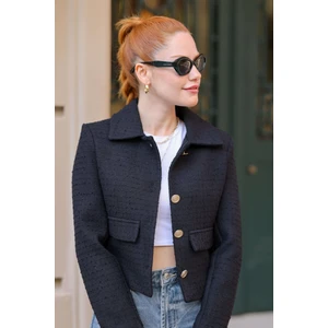 Sue Store Siyah Vatkalı Düğmeli Astarlı Tüvit Blazer Ceket