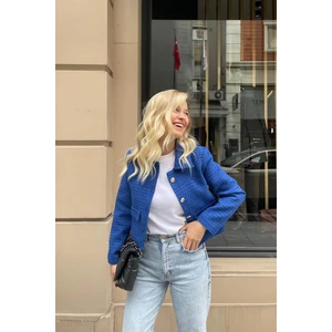 Sue Store Mavi Vatkalı Düğmeli Tüvit Blazer Ceket