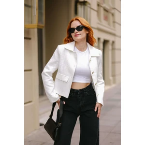 Sue Store Ekru Vatkalı Düğmeli Astarlı Tüvit Blazer Ceket