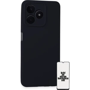 Realme C53 Kılıf ve Ekran Koruyucu Set Silinebilir Soft Liquid Silikon Nano Cam - Siyah