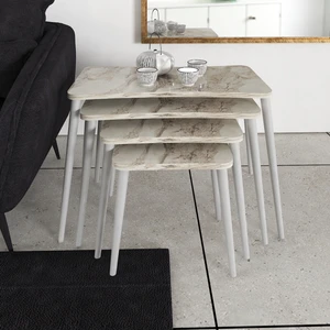 Zuesse Dizayn Selen 4lü Zigon Sehpa Ahşap Beyaz Ayaklı Salon Seti Çay Sehpası – Beyaz Mermer