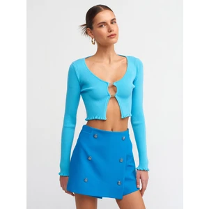 60134 U Yaka Önü Aksesuarlı Triko Hırka-Turkuaz