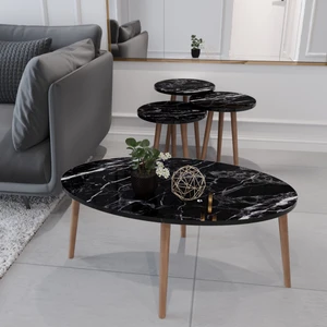 Zuesse Dizayn Tokyo Orta Sehpa ve Zigon Sehpa 4'lü Ahşap Ayaklı Salon Seti Sehpa - Siyah Mermer Desenli