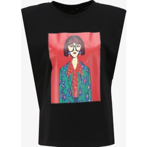 Bisiklet Yaka Baskılı Siyah Kadın T-Shirt F4SL-TST0221