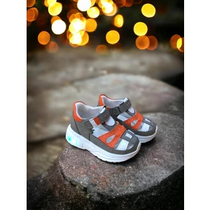 Cihan Shoes Erkek Bebe Ortopedik Cırtlı Esnek Hafif Nefes Alabilen Beyaz Gri Turuncu Renk Işıklı Bebek Sneaker Spor Ayakkabı